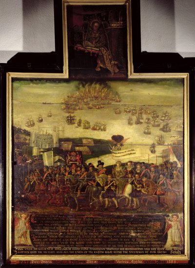 Die Ankunft von Königin Elisabeth I. in Tilbury und die Niederlage der spanischen Armada, linkes Panel von English School